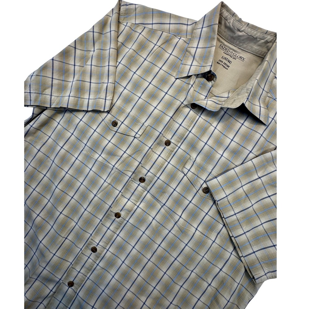 Faded Glory Button Down Shirt Mens Large Khaki Navy Blue Plaid Cotton